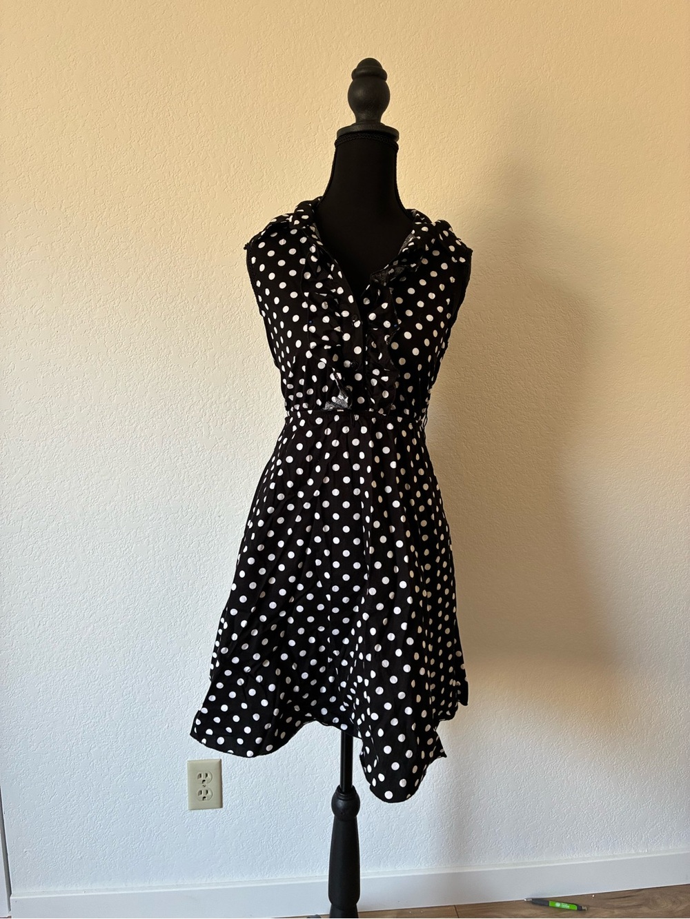 Black White Polka Dot Sleeveless Ruffle Shirt Dress Rockabilly 50s Pin Up